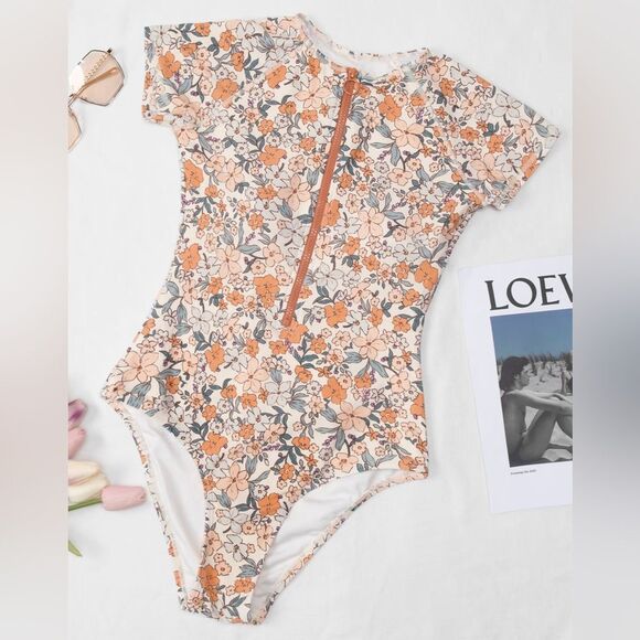 CUPSHE Elodie Ditsy Zipper Short Sleeve Orange Blue One Piece Swim Size XL NWT - Picture 1 of 5